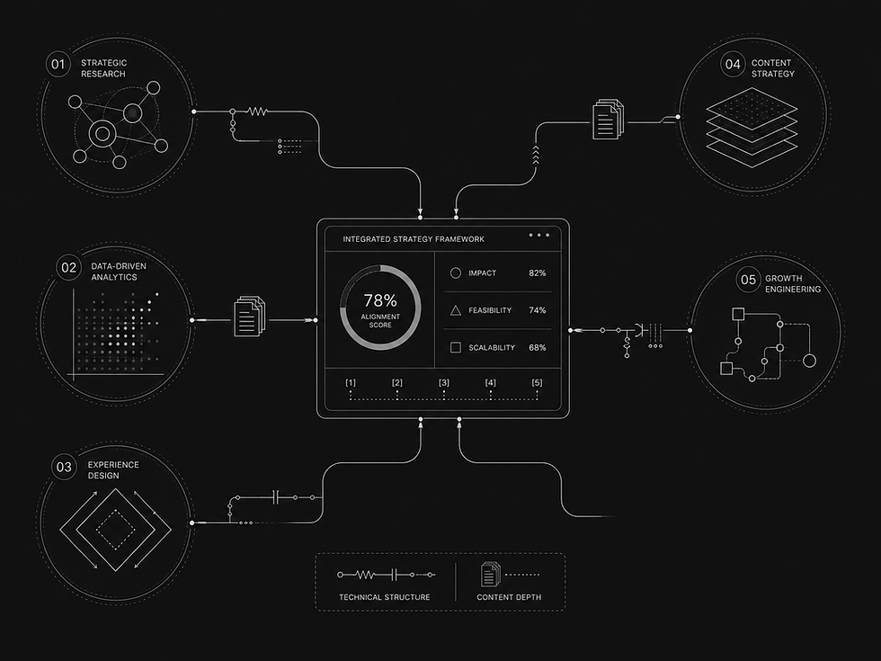 Abstract schematic showing five AI search optimisation agency methodologies converging into a central panel with citation markers and percentage indicators.