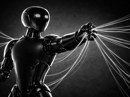 Humanoid robot extending its hand with fragmented network threads, symbolizing the governance gap and the need for control and oversight as autonomous AI agents move into production.