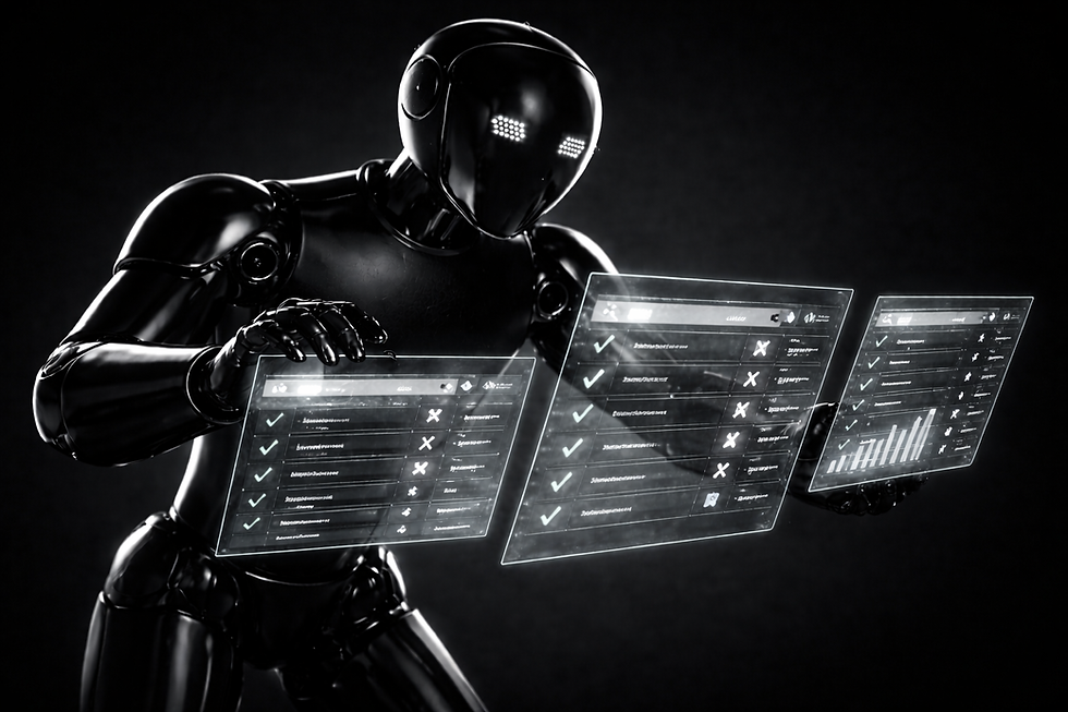 Back humanoid robot analyzing floating data panels representing AI visibility diagnostic results.