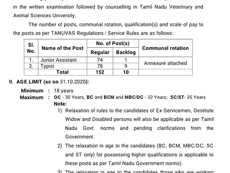 Tamil Nadu Job 2020: TANUVAS Recruitment