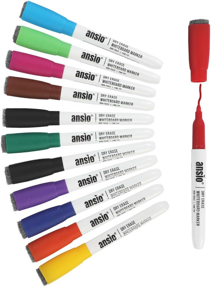 ANSIO Whiteboard Pens Pack of 12, Assorted Colours, Fine Tip Markers with Eraser