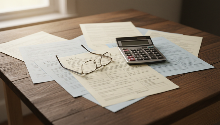 Overhead view of paper Medicaid forms beside a calculator and reading glasses on a kitchen table.