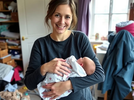 A woman smiles holding a newborn baby standing in a room with clutter on the shelves and disorganisation around the room