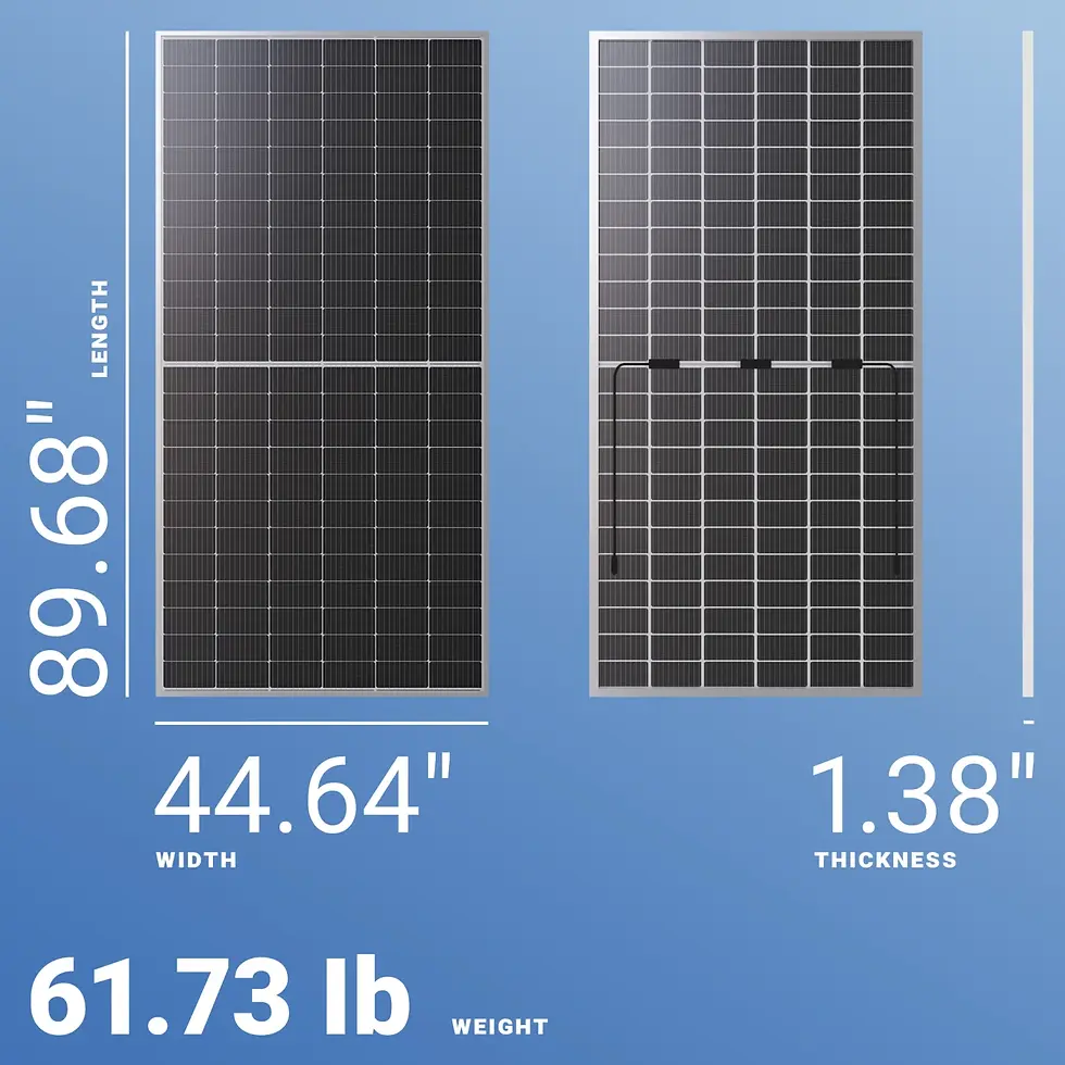 Solar panel dimensions: 89.68" length, 44.64" width, 1.38" thickness, and 61.73 lb weight.