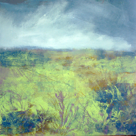 Moorland painting. Atmosphere. Plants and flowers in nature. Penny Hunt. Semi-abstract landscape.