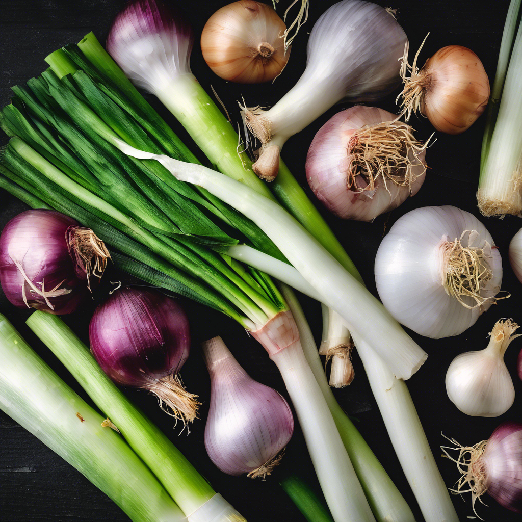 A variety of onions on a dark surface, showcasing white, purple, and green hues. The arrangement highlights textures and colors.