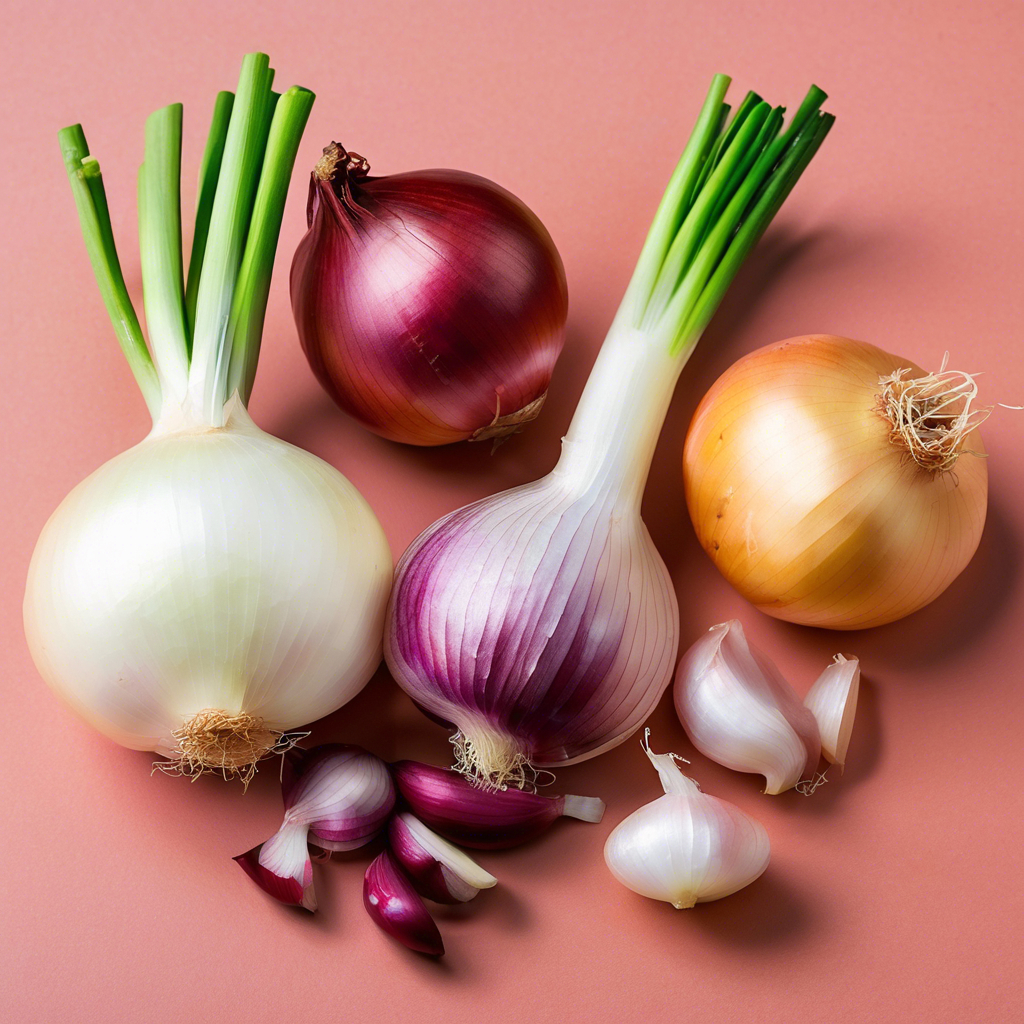 Assorted onions and garlic on a pink background, featuring white, red, and yellow onions with green stems and garlic cloves.