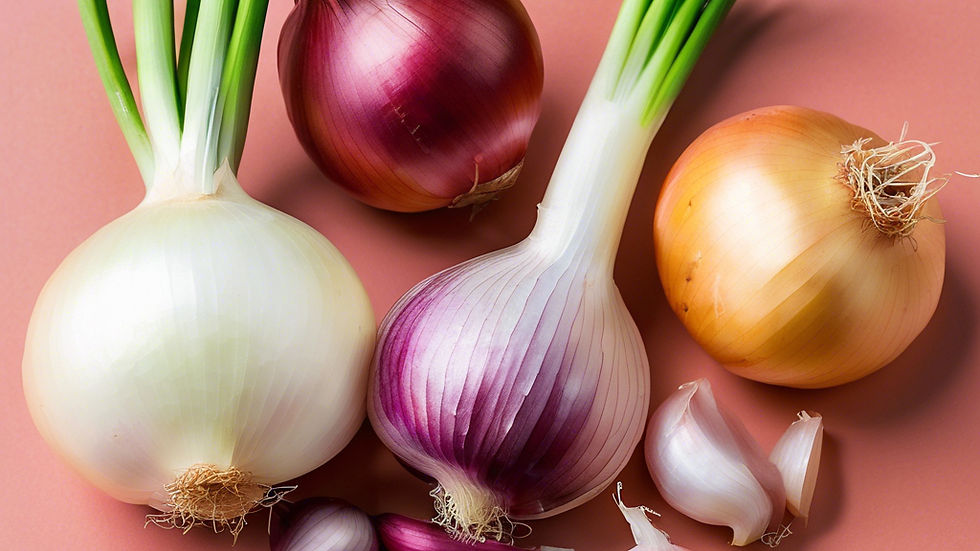 Assorted onions and garlic on a pink background, featuring white, red, and yellow onions with green stems and garlic cloves.