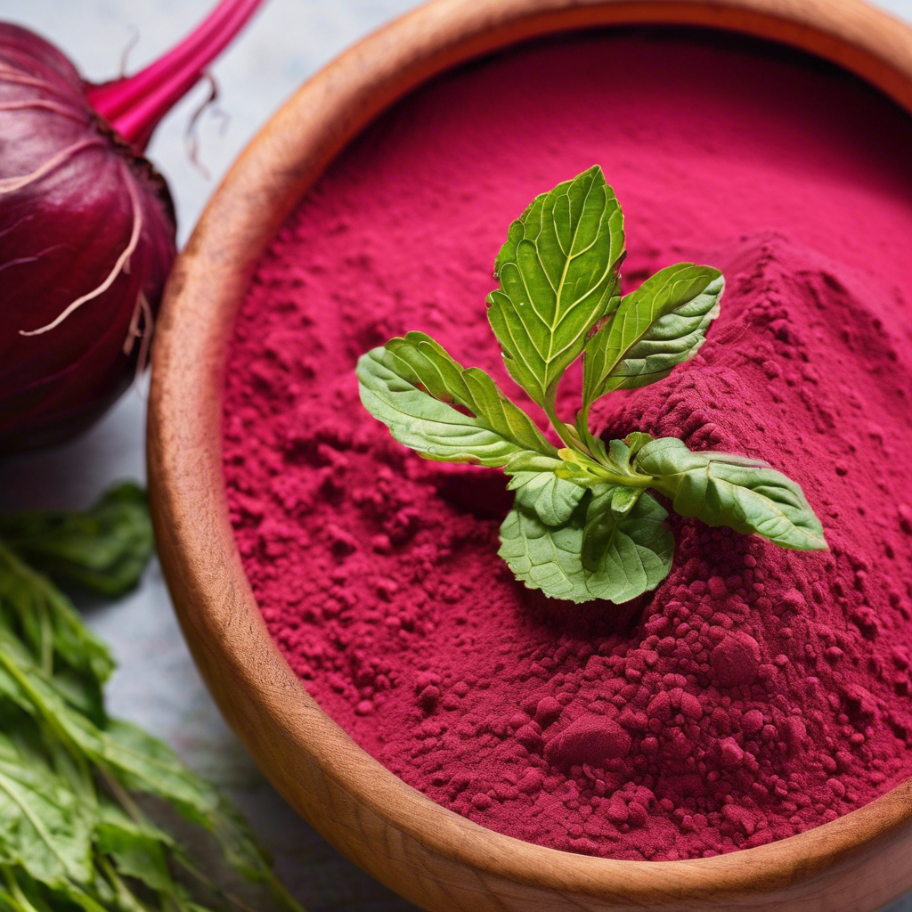 Bowl of vibrant beet powder topped with fresh green mint leaves. Beet and greens nearby on a light surface. Cozy, organic feel.