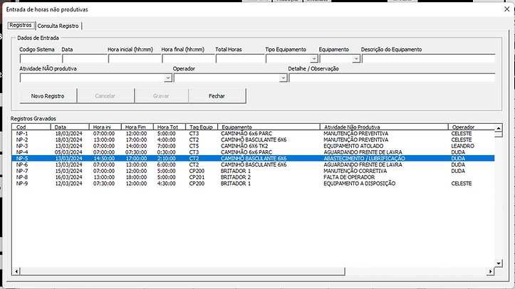 Tela de entrada atividades não produtivas