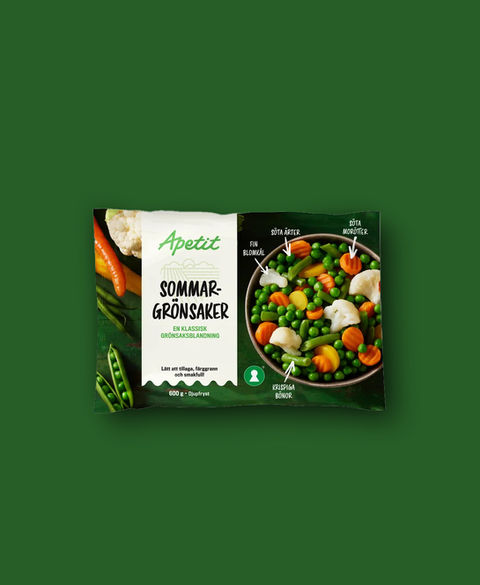 Product photo of a bag of frozen vegetables on a green background.