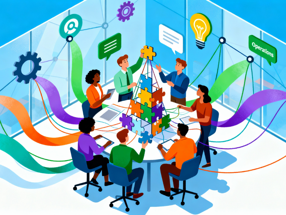 Meeting room with people sitting and standing around a round desk, putting jigsaw puzzle pieces together