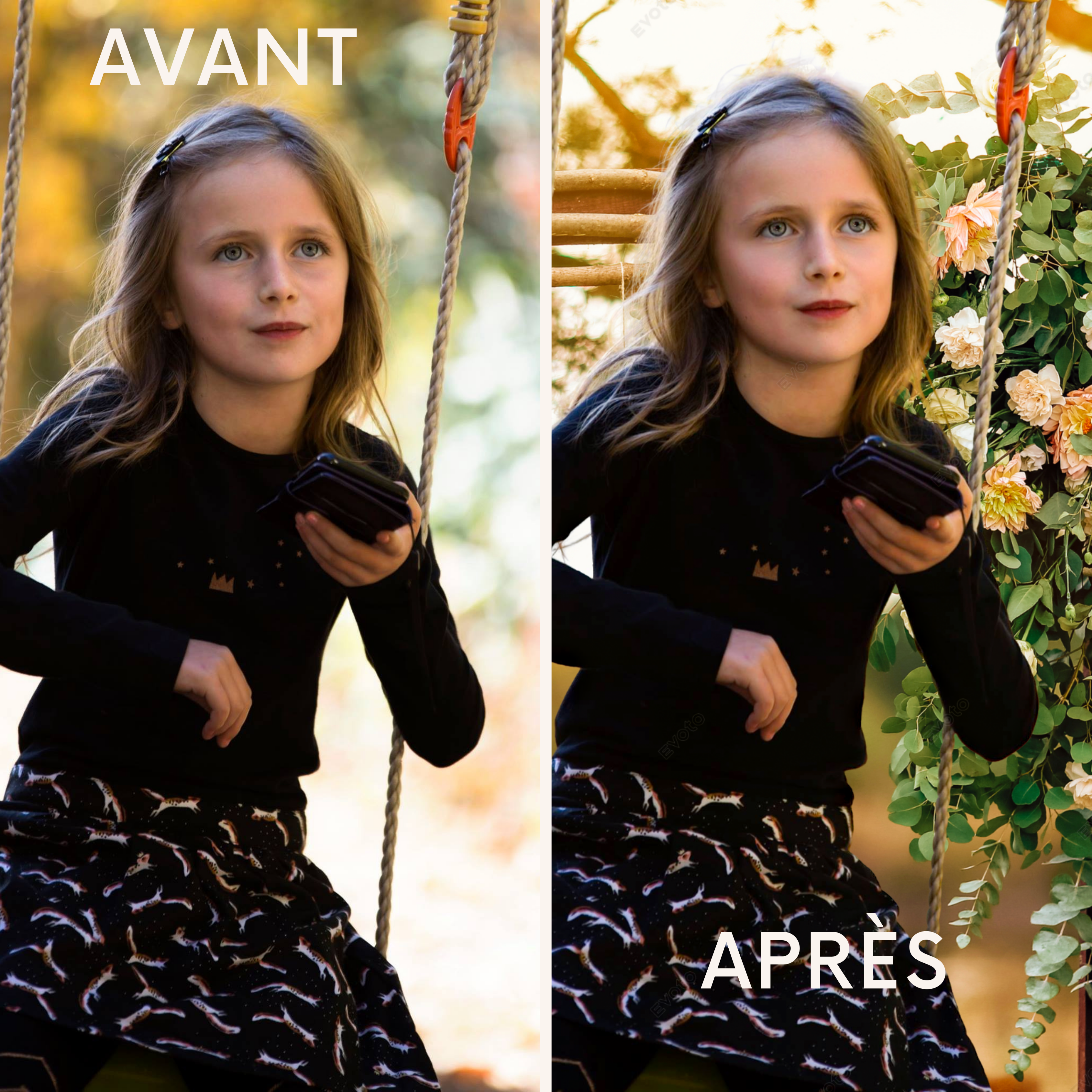 Fille sur la balançoire, texte AVANT APRÈS, Remplacement fond + traitement de photo - 1 photo.