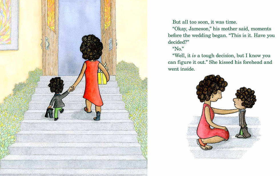 Sample pages from Green Pants. A mom leads a nervous boy into chuch and consoles him.