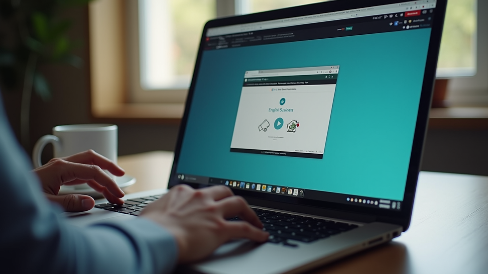 Close-up view of a laptop screen showing an online English business course