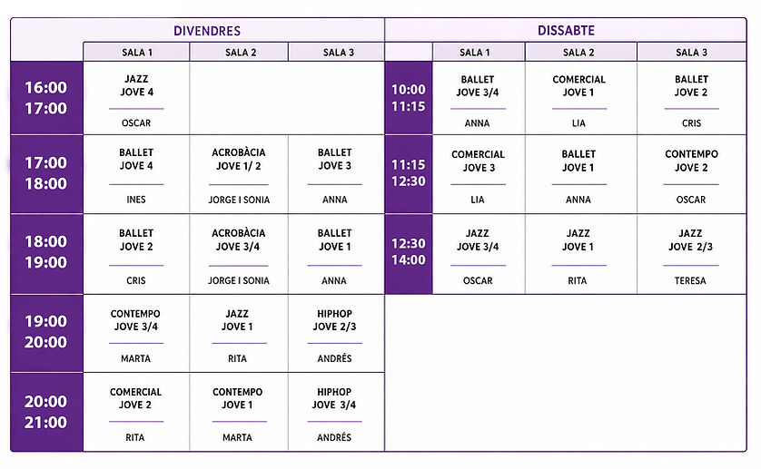 Horarios del Programa Joven de danza 2026/27 de Som-hi Dansa Barcelona