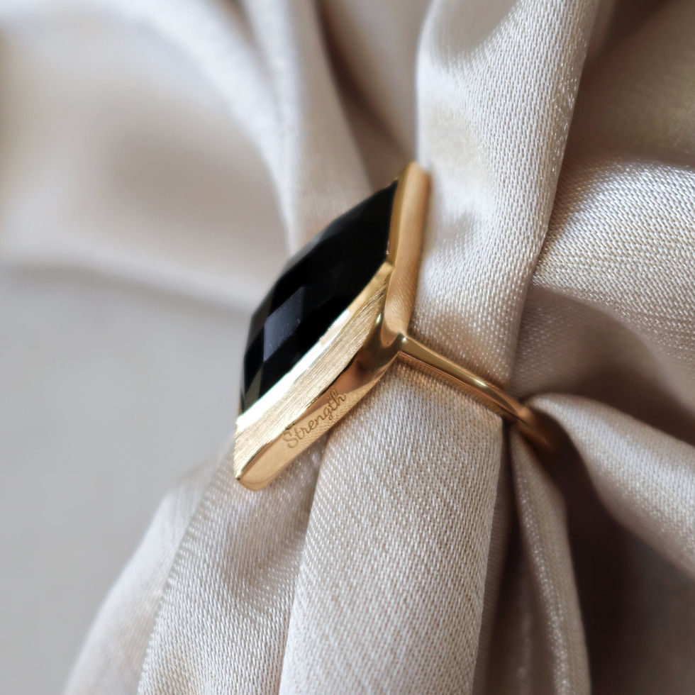 Thumbnail: Gold ring set with black onyx stone with 'strength' engraved on the side