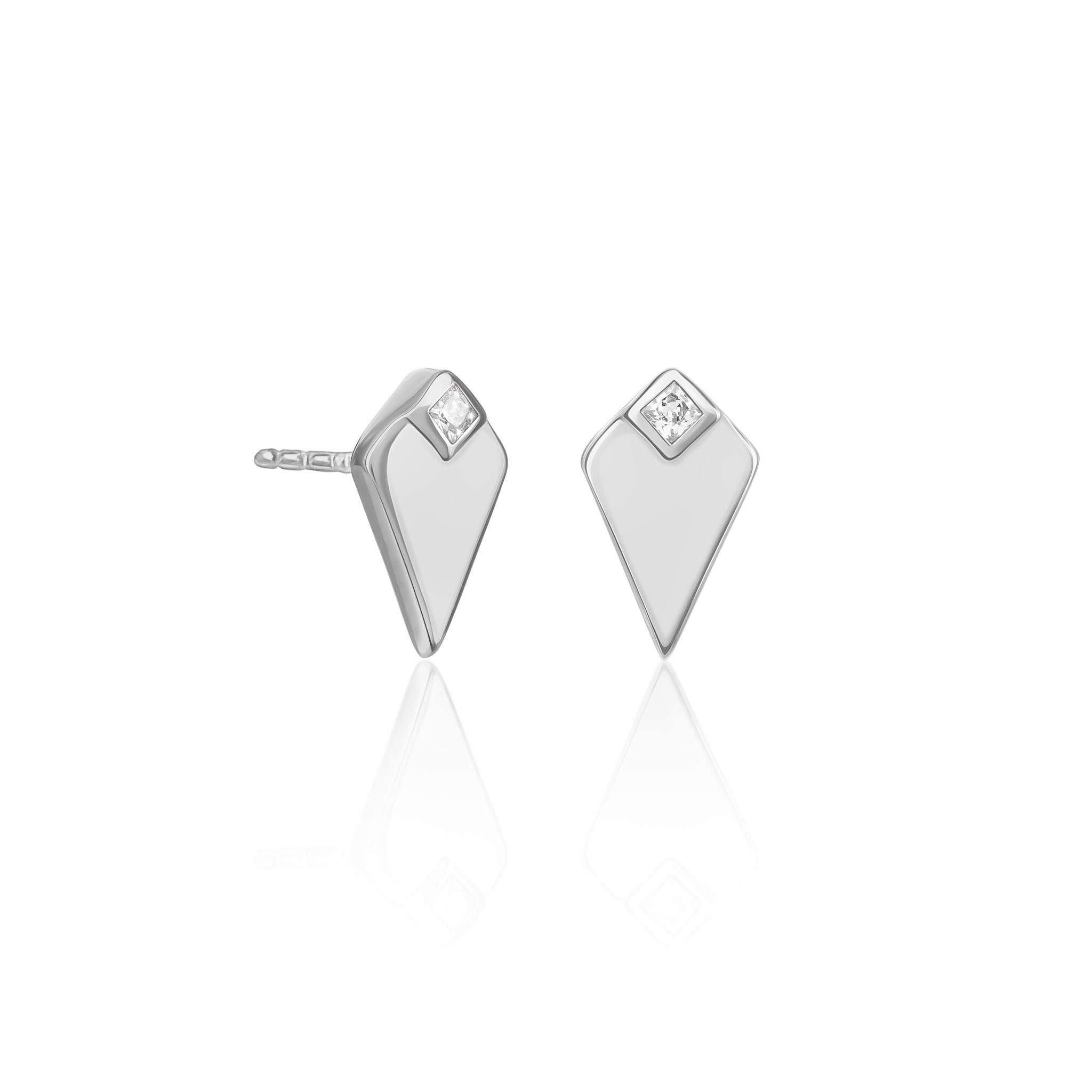 Sterling silver stud earrings in a sleek triangular design, each featuring a single square-cut gemstone near the top.