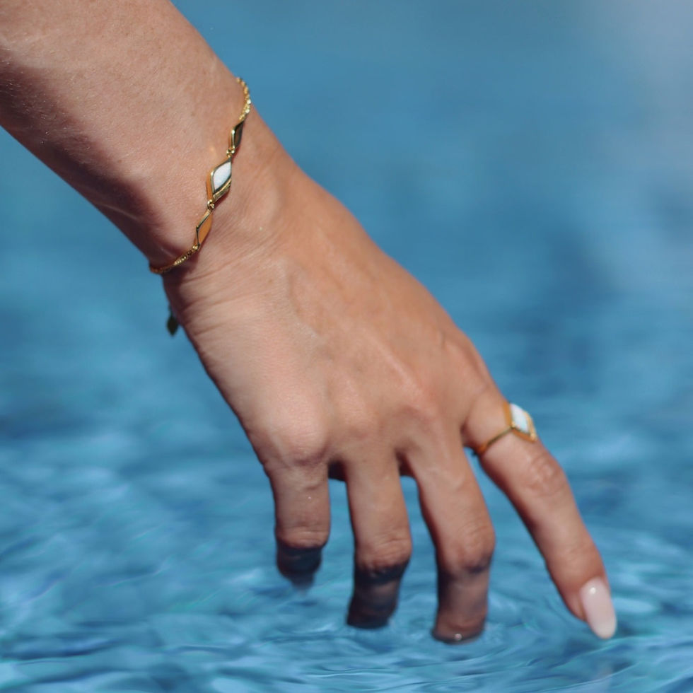 Thumbnail: Gold bracelet with triple centre piece with centre piece set with white opal stone.