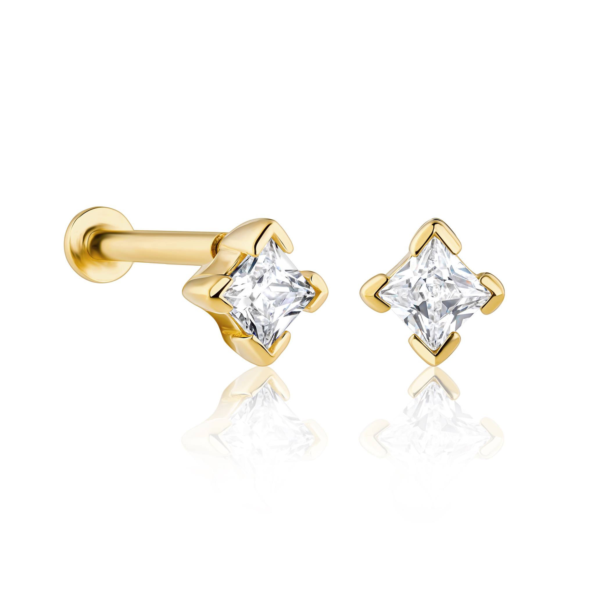 Gold vermeil flat back stud earrings with square solitaire cubic zirconia