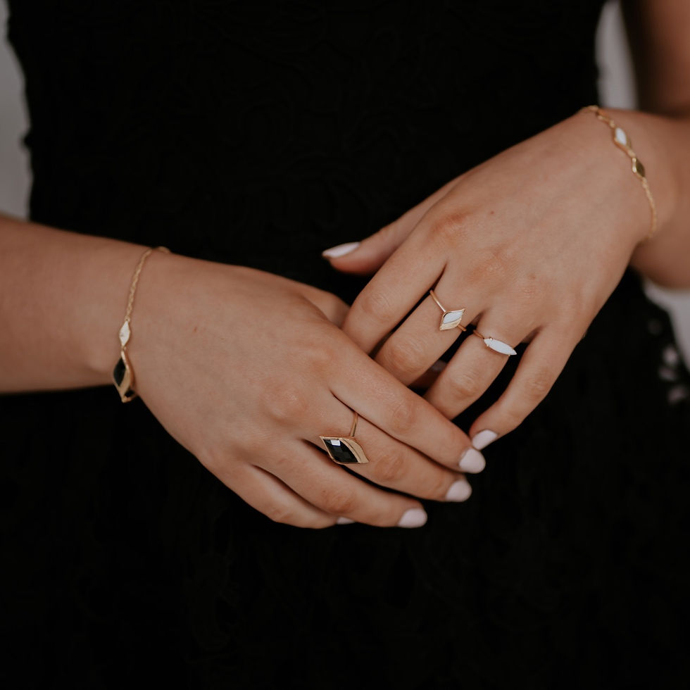 Thumbnail: Gold ring set with black onyx stone worn by model