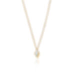 Model wearing gold vermeil necklace with pendant set with white opal.