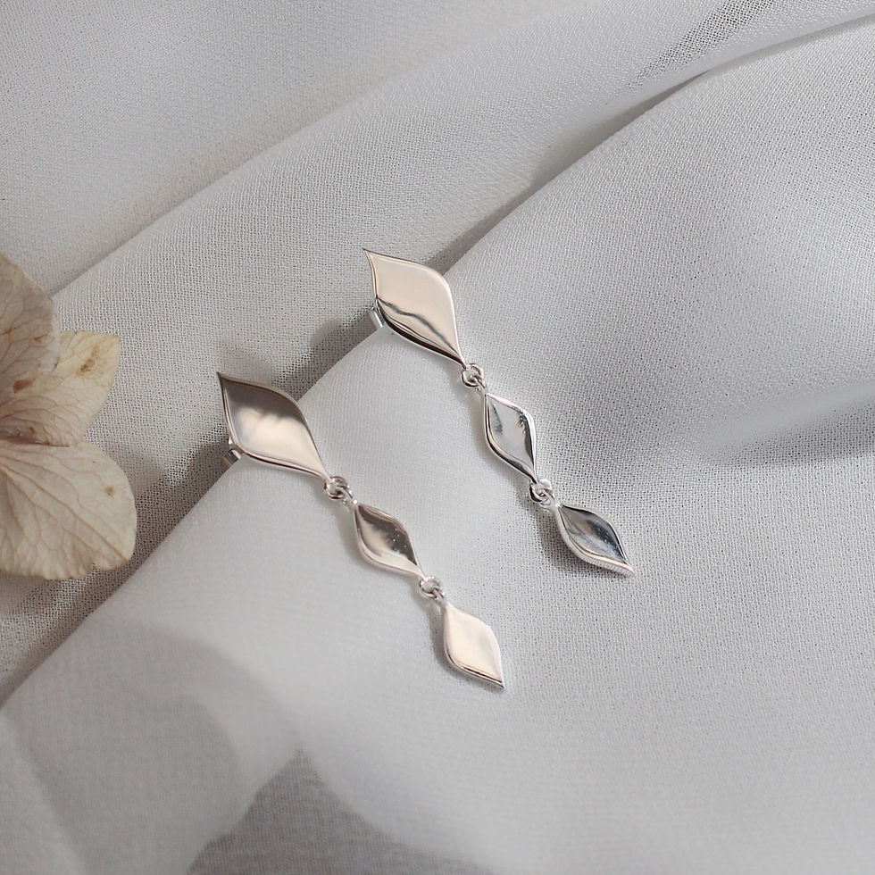 Thumbnail: Silver statement earrings of 3 a symmetric shape droppers