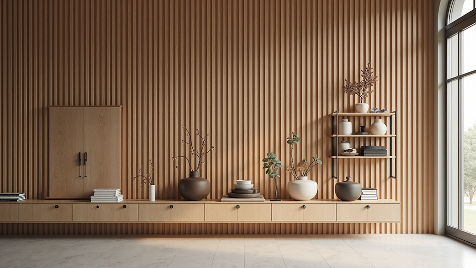 High angle view of a neatly organized slat wall with shelves and decorative items