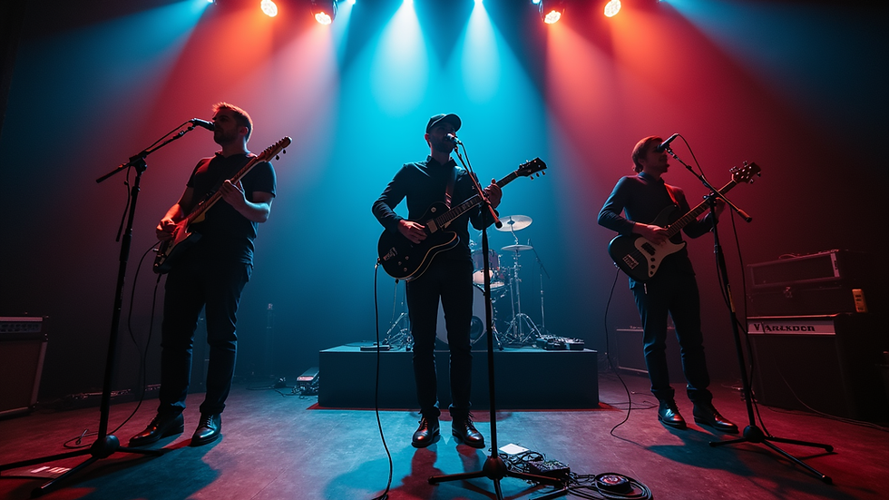 Eye-level view of a live trio music group performing on stage