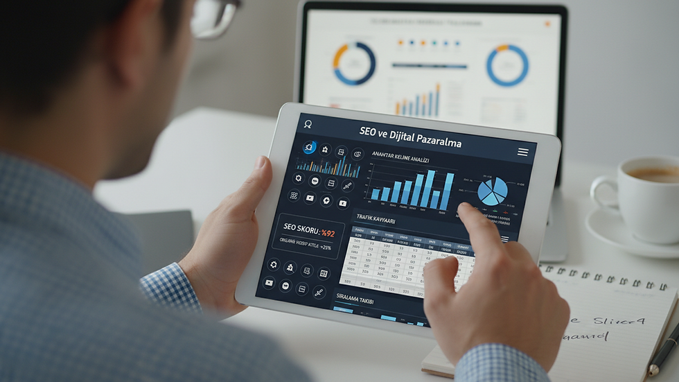 Close-up view of a person analyzing SEO data on a tablet