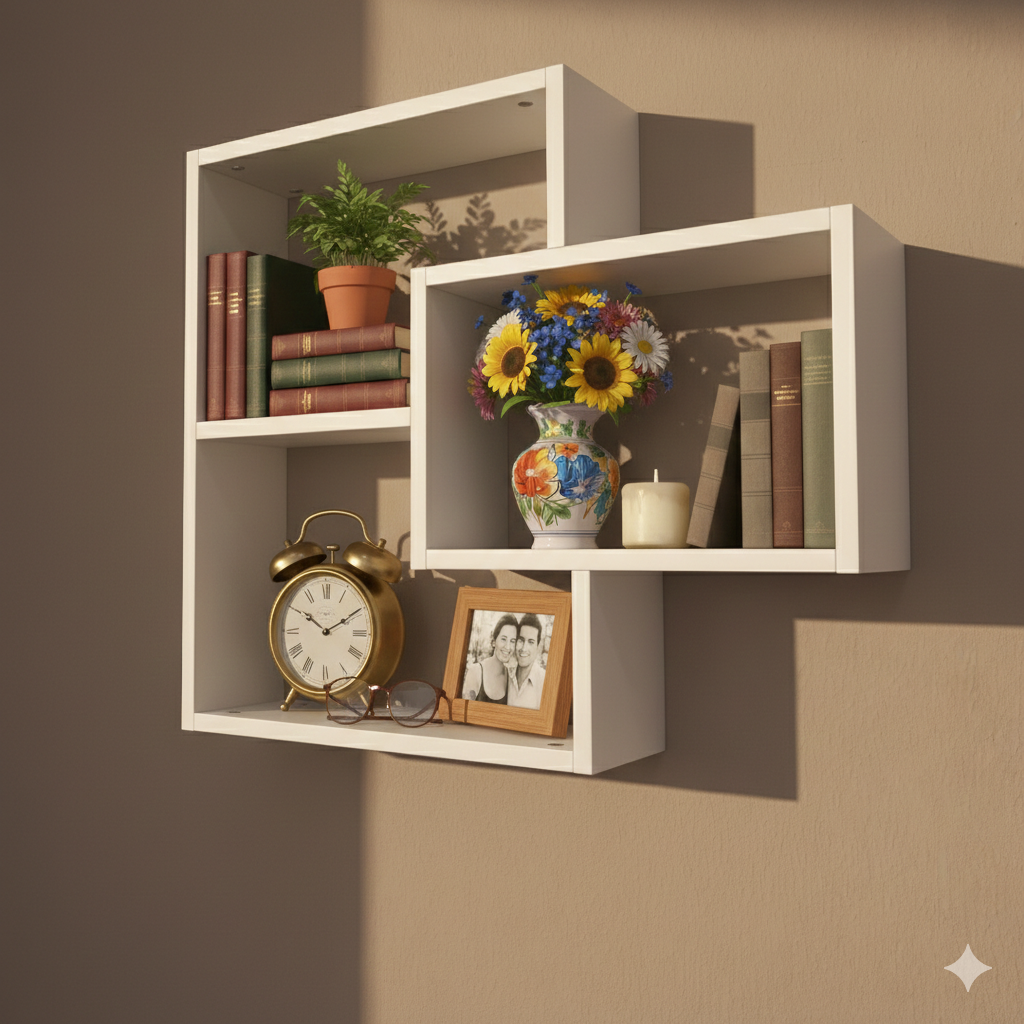 İkili Geçmeli Duvar Rafı -MDF- Modern Kitaplık ve Dekoratif Obje Sergileme Alanı