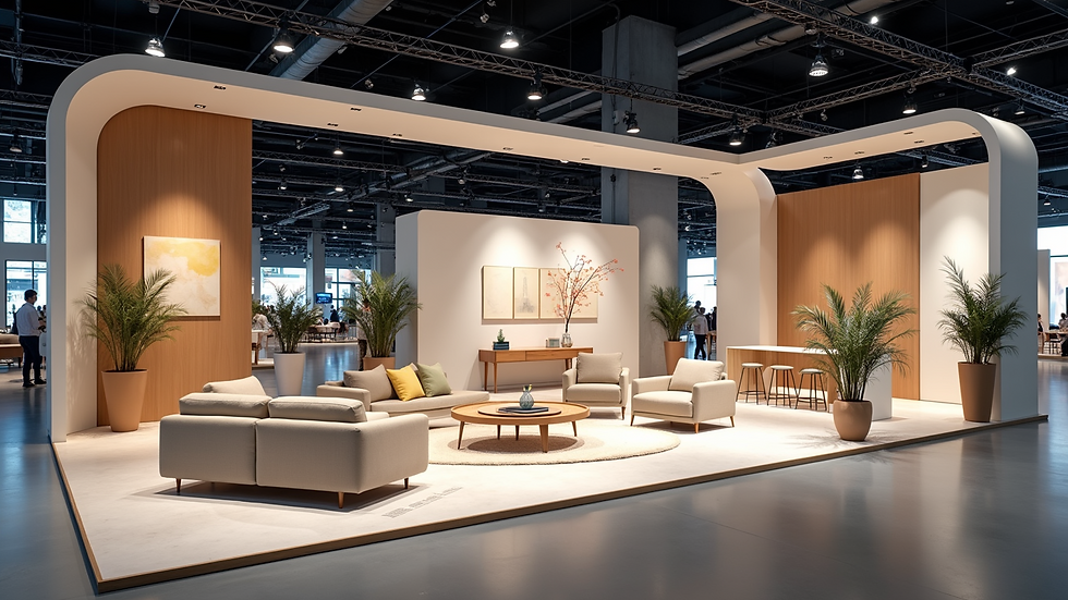 High angle view of a beautifully decorated trade show space