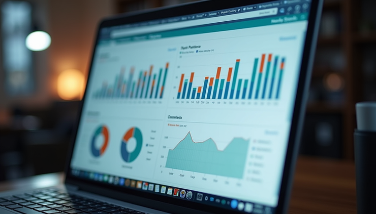 Orta açı, e-ticaret SEO stratejileri için grafik ve analizlerin gösterildiği bilgisayar ekranı