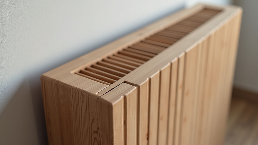 Close-up view of a solid wood designer radiator cover with minimalist design