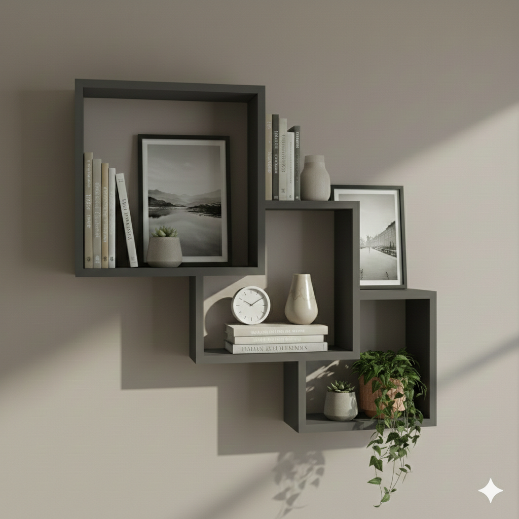 Kademeli Çapraz Duvar Rafı -MDF- Modern Kitaplık ve Estetik Kare Sergileme Alanı