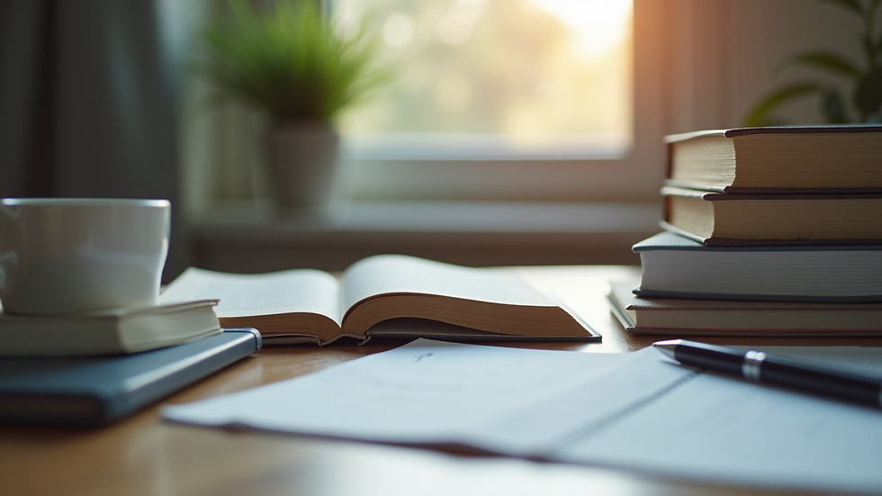 Close-up view of academic books and notes on desk