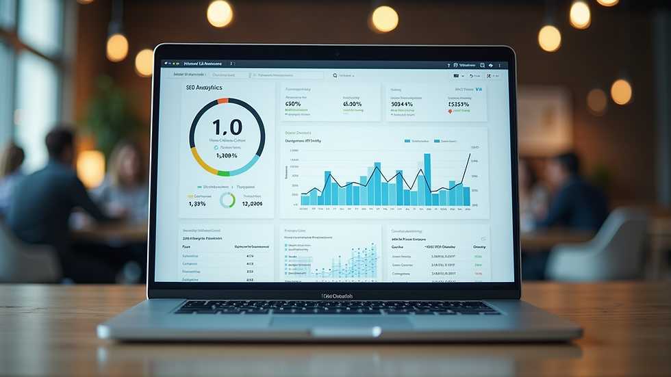 eye-level view of a laptop screen showing SEO analytics dashboard