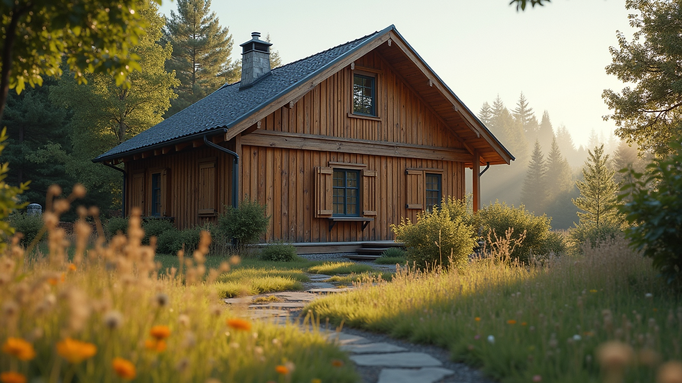 Eye-level view of wooden house exterior with natural colors