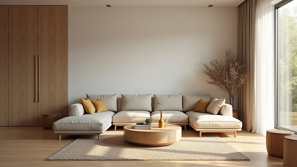Wide angle view of a living room with natural wood furniture and soft lighting