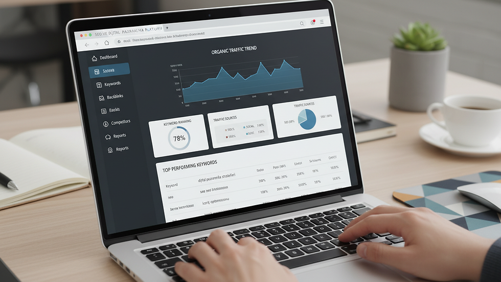 Eye-level view of a laptop screen showing SEO analytics dashboard