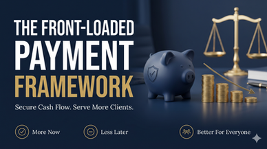 The Front-Loaded Payment Framework: Secure Cash Flow. Serve More Clients. Features a blue piggy bank and a gold scale of justice.