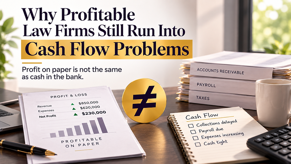 Law firm cash flow problems graphic comparing profitable financial reports with slow collections, payroll, taxes, and cash pressure