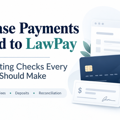 Blog thumbnail for MyCase Payments moving to LawPay, highlighting five accounting checks for law firms, including trust accounts, processing fees, deposits, and reconciliation.