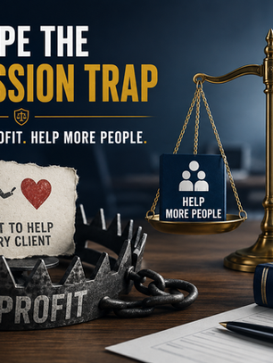 "Compassion Trap" showing a gold scale of justice balancing "Help More People" against a "Profitable Firm." Next to it is a bear trap holding a torn note that says "Want to help every client," illustrating how unmanaged law firm discounts lead to lost profits.