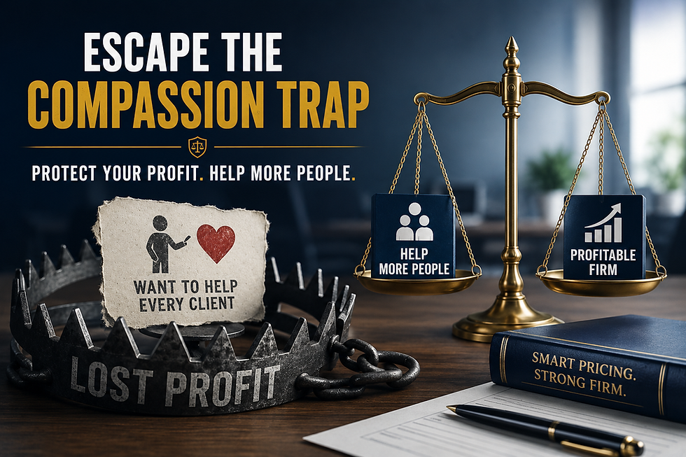 "Compassion Trap" showing a gold scale of justice balancing "Help More People" against a "Profitable Firm." Next to it is a bear trap holding a torn note that says "Want to help every client," illustrating how unmanaged law firm discounts lead to lost profits.