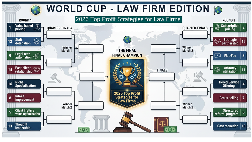 World Cup Law Firm Edition bracket showing 16 profit strategies competing head-to-head for the 2026 top profit strategy for law firms.