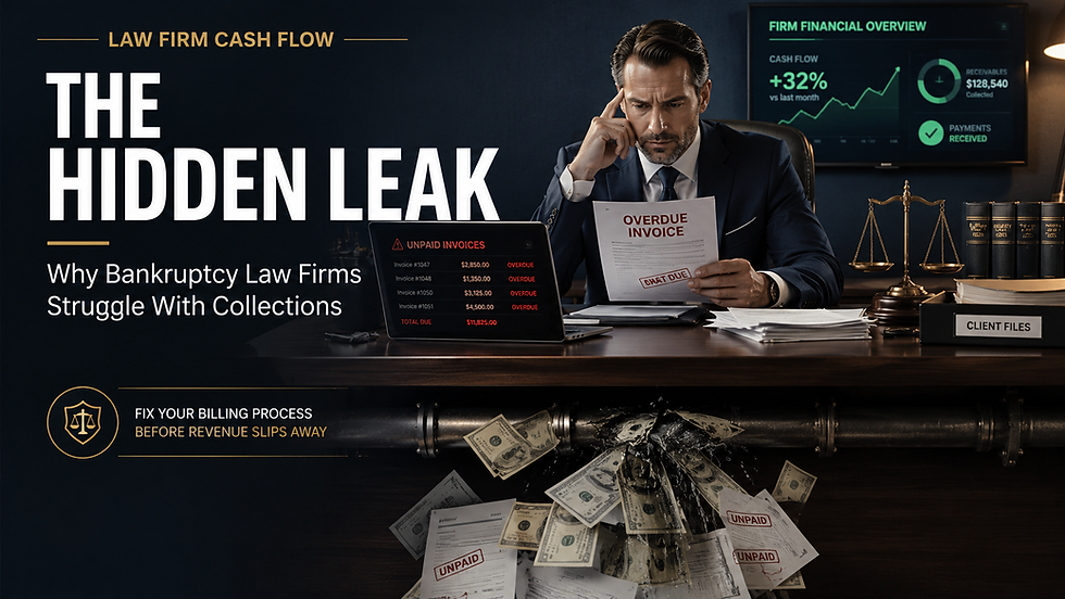 Cinematic, corporate-style photo of a bankruptcy attorney at a modern office desk looking stressed while reviewing unpaid legal invoices. An open laptop shows past-due bills in red, while a subtle leaking pipe made of dollar bills under the desk represents a cash flow leak.