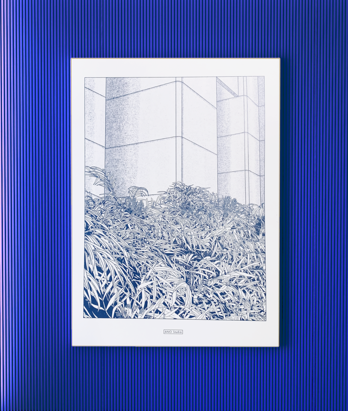 An abstract illustration of grasses and textured building walls hangs on a blue slated wall