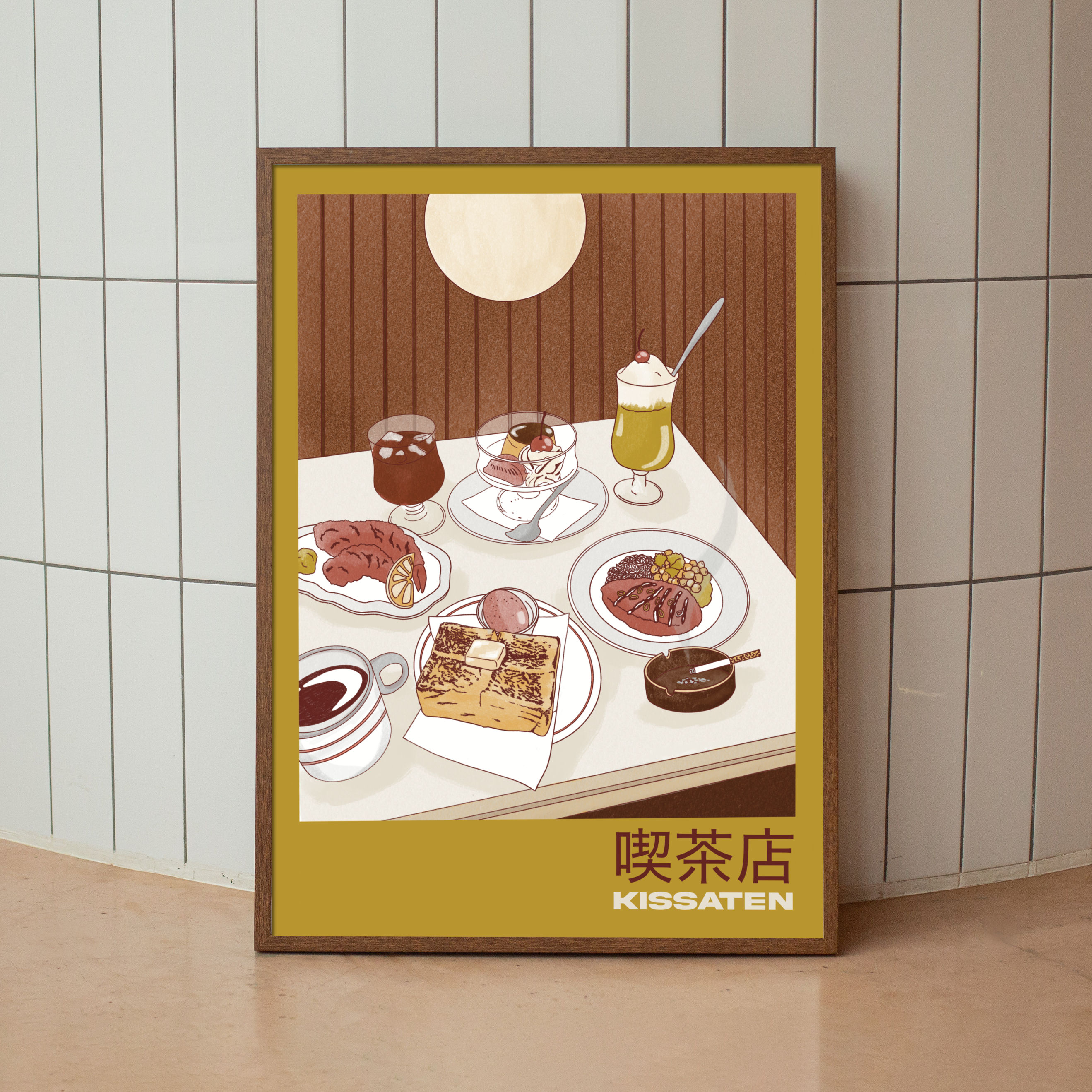 Framed illustration of a Japanese cafe scene in a kissaten, traditional cafe, showa era vibes, cigarette smoke