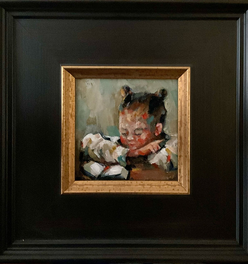 Little Girl with a Book, portrait painting by Australian artist Helen Oram.